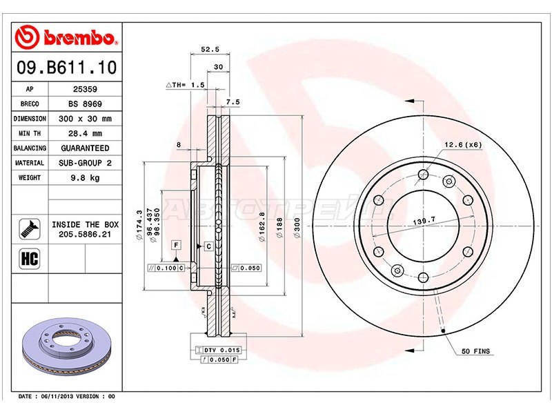 Диск тормозной (Спереди) Hyundai Grand Starex 07-17  / H1 07-18  / Starex 07-13 (BREMBO: 09.B611.10)