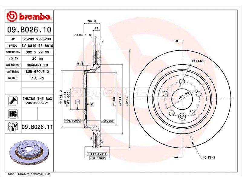 Диск тормозной (Сзади) Volvo XC60 08-17 (BREMBO: 09.B026.11)