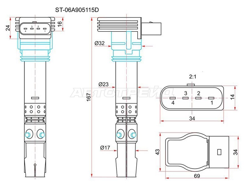 Катушка зажигания VAG A3 /A4 /A6 /OCTAVIA 97-10 /SUPERB 01-08 /BORA 00-05 /PASSAT 00-05 /POLO 1.8T (SAT: ST-06A905115D)