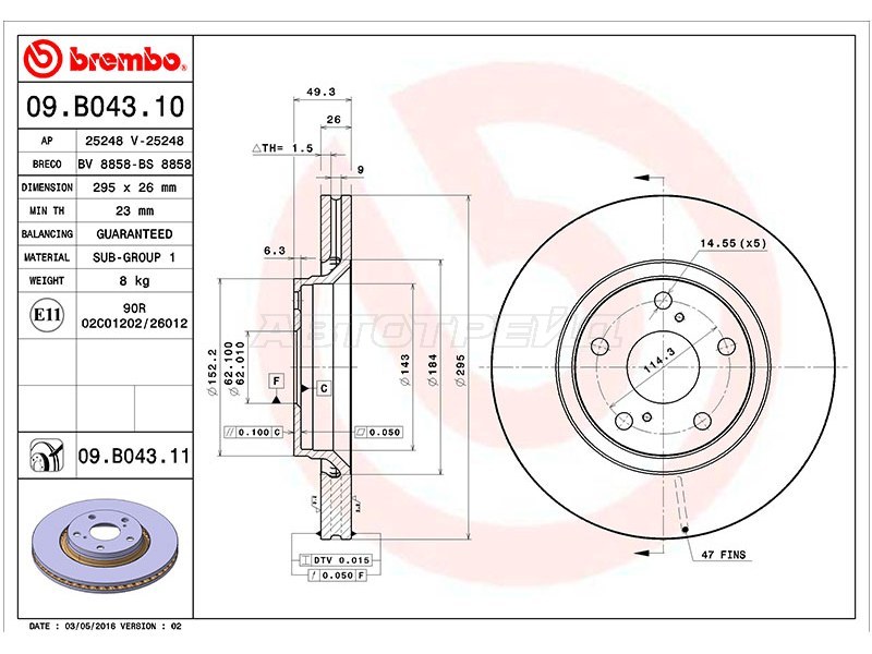 Диск тормозной (Спереди) Toyota Avensis (T270) 08-18  / Auris 12-18  / Corolla Spacio (E120) 01-07  / Corolla Verso 01-09 (BREMBO: 09.B043.10)