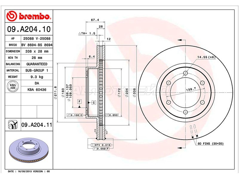 Диск тормозной (Спереди) Toyota Land Cruiser Prado (J120) 02-09  / Lexus GX 02-09  / Toyota 4Runner 02-09  / Fortuner 15-20 (BREMBO: 09.A204.11)