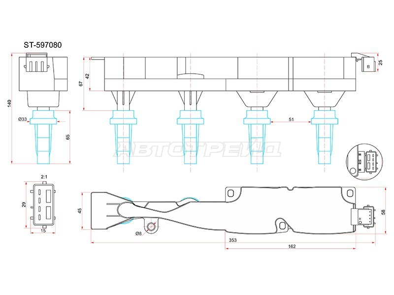 Катушка зажигания PEUGEOT 1007 05-10 /206 00-08 /207 06-12 /307 02-10 /CITROEN C3 00-09 /C4 04- (модуль) (SAT: ST-597080)