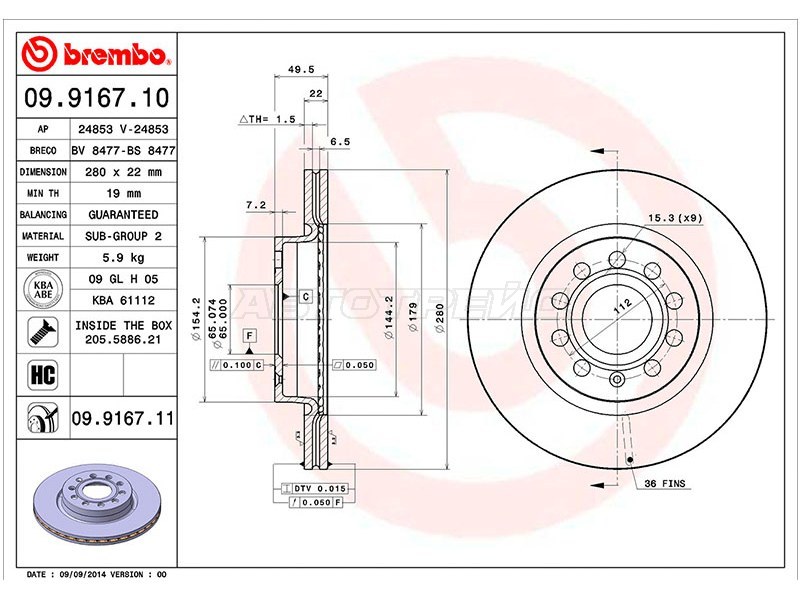 Диск тормозной (Спереди) Audi A3 03-13  / Skoda Octavia 04-13  / Volkswagen Golf 03-17  / Jetta 05-  / Audi S3 08-12  / SEAT Altea 04-15  / Leon 05-12  / Skoda Yeti 09-18  / Volkswagen Beetle 11-19  / Caddy 03-20  / Golf Plus 04-14 (BREMBO: 09.9167.11)