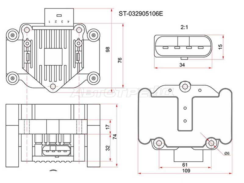 Катушка зажигания VAG A2 /A3 /A4 /FABIA /OCTAVIA /SUPPERB /CADDY /GOLF /JETTA /PASSAT /POLO /TOURAN (модуль) (SAT: ST-032905106E)