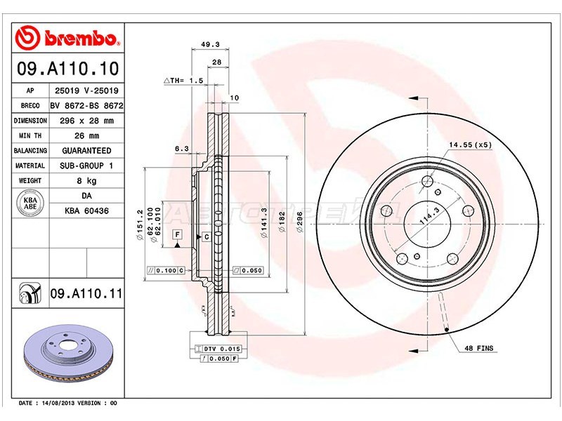 Диск тормозной (Спереди) Toyota Camry (XV30) 01-06  / Harrier (XU10) 97-03  / Lexus ES 01-06  / RX 97-03  / Toyota Alphard (H10) 02-05  / Camry 01-06  / Camry UAE /USA 01-06  / Estima 00-05 (BREMBO: 09.A110.10)