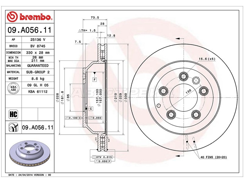 Диск тормозной (Сзади) Audi Q7 05-15  / Volkswagen Touareg 02-18 (BREMBO: 09.A056.11)