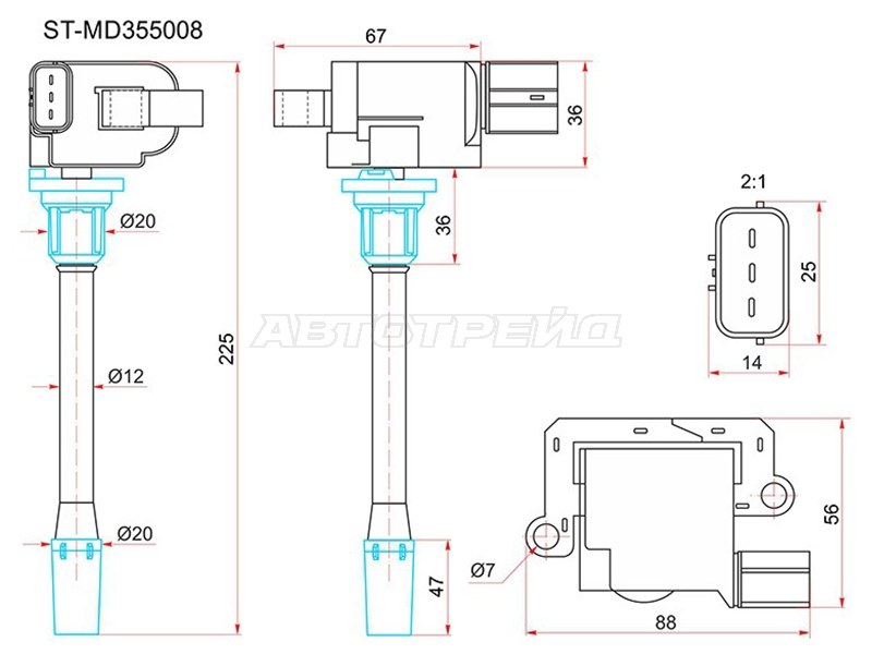 Катушка зажигания MITSUBISHI GALANT EA#W 99-03 /LANCER 95- 4G64 (SAT: ST-MD355008)