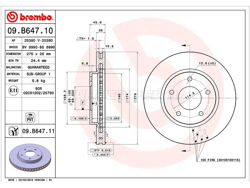 Диск тормозной (Спереди) Mitsubishi Lancer 07-17  / Galant Fortis 07-15  / Lancer Evolution 07-17 (BREMBO: 09.B647.10)