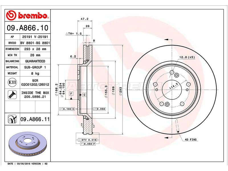 Диск тормозной (Спереди) Honda CR-V 06-20 (BREMBO: 09.A866.10)