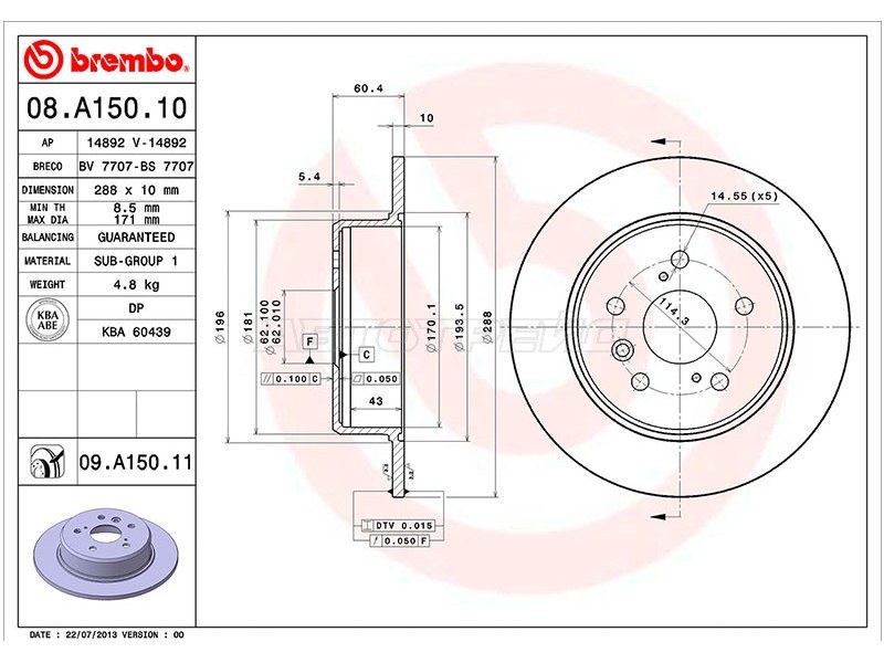 Диск тормозной (Сзади) Toyota Camry (XV30,XV40) 01-11  / Lexus RX 97-03  / Toyota Camry 01-06  / Camry UAE /USA 01-06 (BREMBO: 08.A150.11)