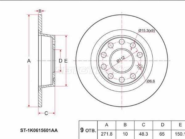 Диск тормозной (Зад) Audi A3 03-19  / Skoda Octavia 04-20  / Volkswagen Golf 08-19  / Jetta 05-  / Passat 10-15  / Audi A1 10-18  / Q2 16-  / S3 08-16  / TT 14-19  / Jetta VA3 19-  / SEAT Altea 04-15  / Ateca 16-  / Leon 05-15  / Skoda Superb 08-15  / Yeti 09-18  / Volk (SAT: ST-1K0615601AA)