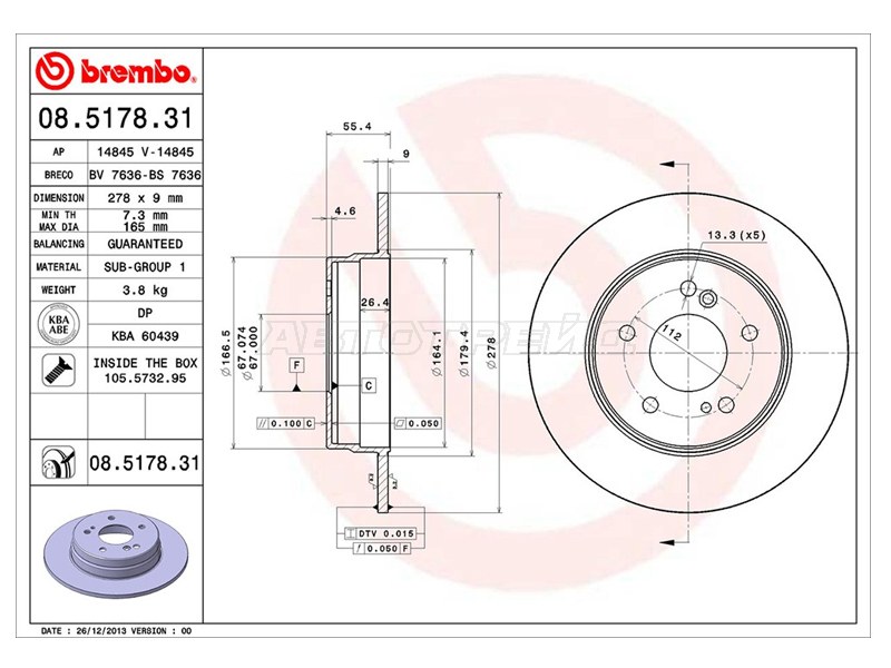 Диск тормозной (Сзади) Mercedes-Benz C-Class 93-08  / E-Class 84-03  / S-Class 79-91  / Chrysler Crossfire 04-08  / Mercedes-Benz CLK-Class 97-10  / SLK-Class 96-11 (BREMBO: 08.5178.31)