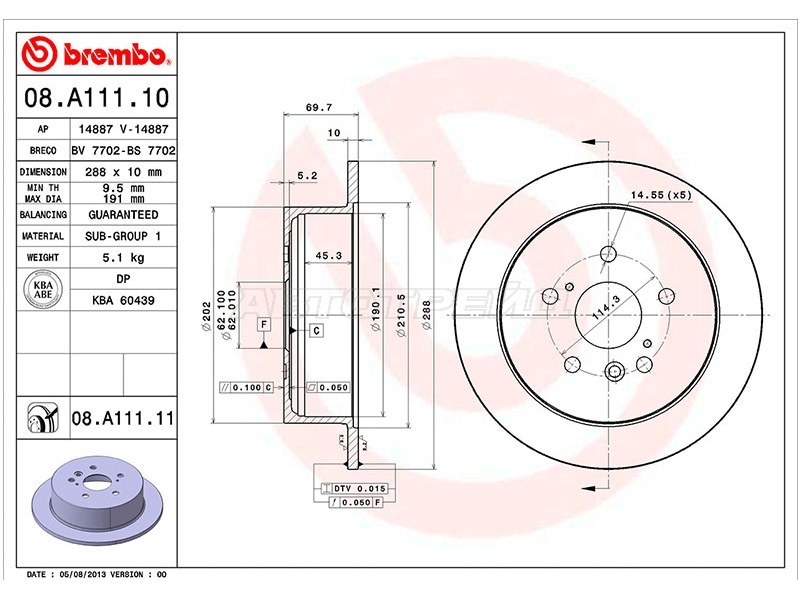 Диск тормозной (Сзади) Toyota Harrier (XU30) 03-13  / Lexus RX 00-09  / Toyota Highlander 00-07  / Kluger V 00-07 (BREMBO: 08.A111.11)