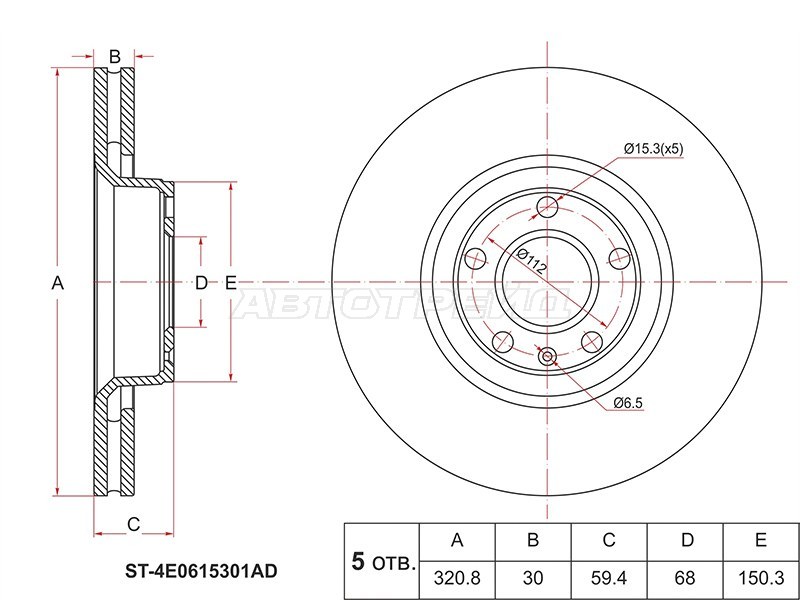 Диск тормозной (Перед) Audi A6 04-10  / A8 02-10  / A6 allroad quattro 06-12  / S6 06-11 (SAT: ST-4E0615301AD)