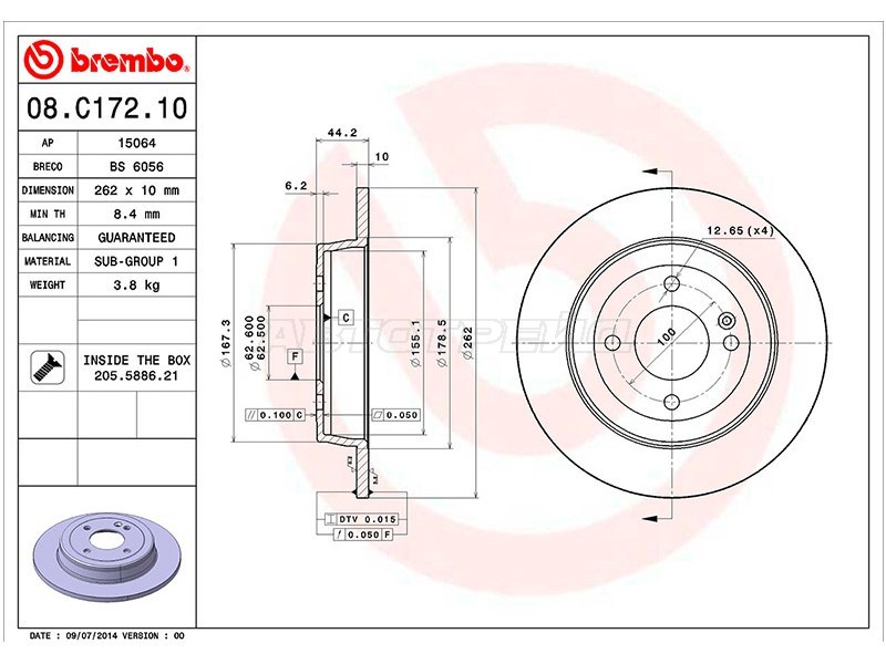 Диск тормозной (Сзади) Hyundai Solaris 10-20  / Kia Rio 11-20  / Hyundai Accent 11-22  / Bayon 21-  / i20 12-14  / i30 11-15 (BREMBO: 08.C172.10)