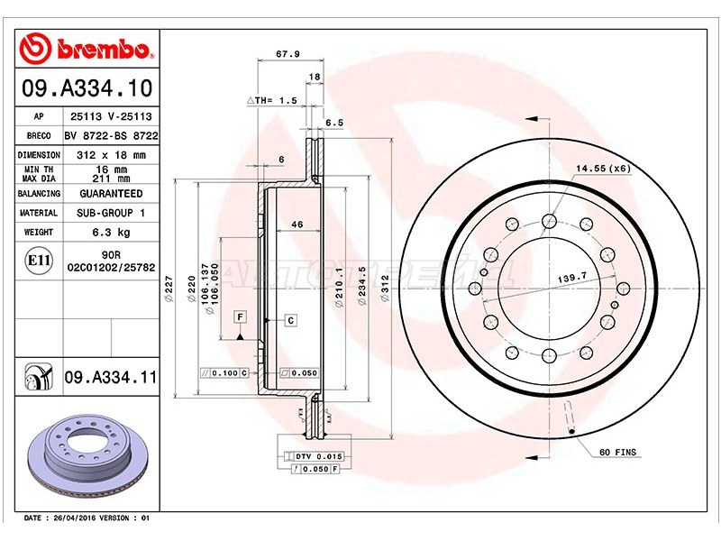 Диск тормозной (Сзади) Toyota Land Cruiser Prado (J90,J120) 96-09  / Lexus GX 02-09  / Toyota 4Runner 02-09  / FJ Cruiser 05-18  / Hilux Surf 02-09  / Sequoia 00-07 (BREMBO: 09.A334.11)