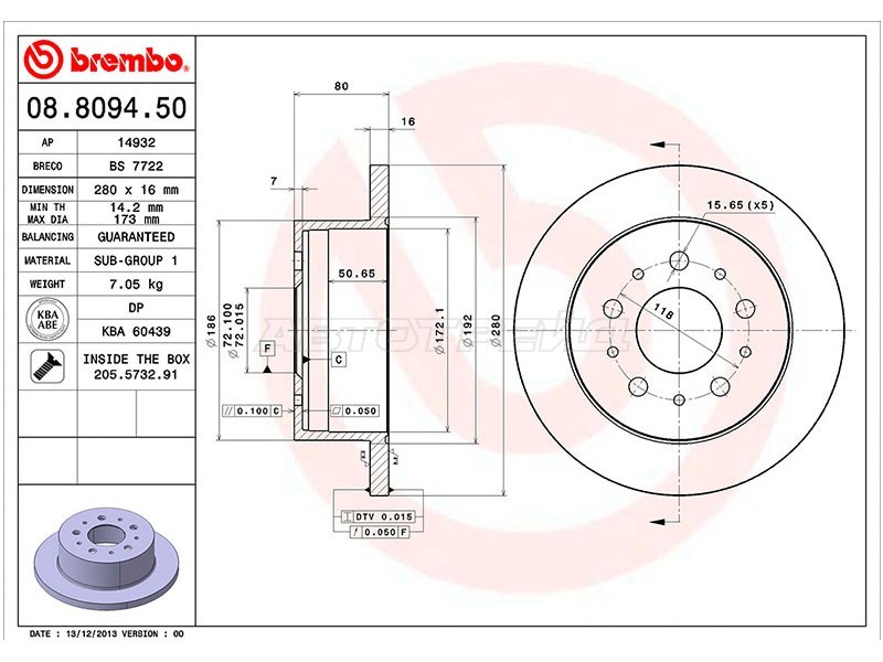 Диск тормозной (Сзади) Peugeot Boxer 94-14  / Citroen Jumper 94-14 (BREMBO: 08.8094.50)