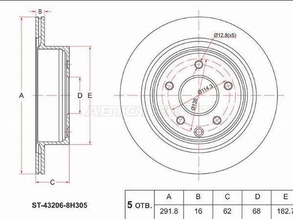 Диск тормозной (Зад) Nissan Juke 10-20  / Leaf 09-  / Primera 01-08  / Qashqai 06-22  / Infiniti G35 02-07  / Nissan 350Z 02-09  / Fairlady Z 02-08  / Qashqai+2 08-14  / Rogue 07-17  / Renault Koleos 08-16 (SAT: ST-43206-8H305)