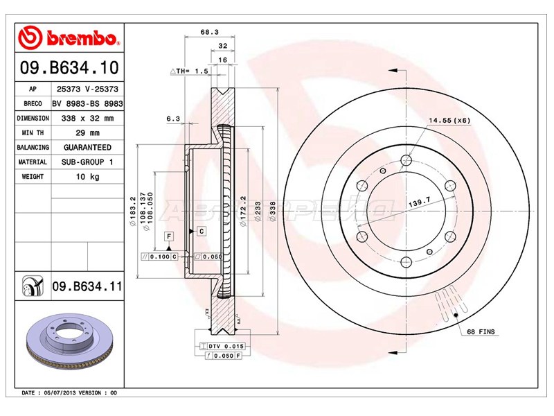 Диск тормозной (Спереди) Toyota Land Cruiser Prado (J150) 09-24  / Lexus GX 09-23  / Toyota 4Runner 09- (BREMBO: 09.B634.11)