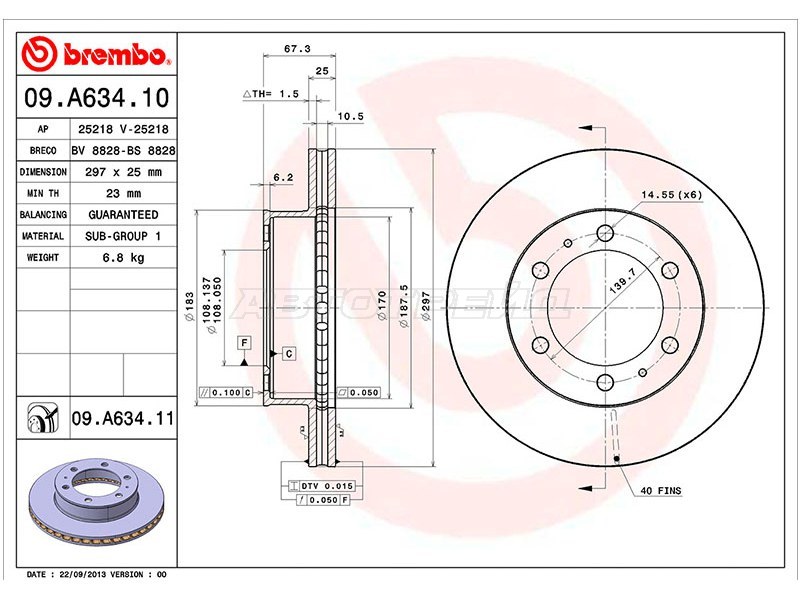 Диск тормозной (Спереди) Toyota Hilux Pick Up 04-  / Fortuner 04-15 (BREMBO: 09.A634.10)