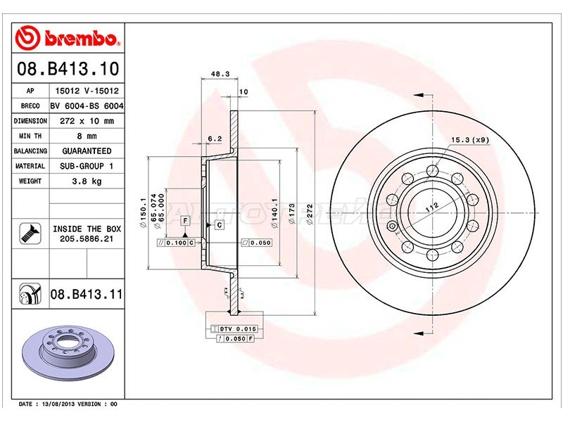 Диск тормозной (Сзади) Audi A3 03-19  / Skoda Octavia 04-20  / Volkswagen Golf 08-19  / Jetta 05-  / Passat 10-15  / Audi A1 10-18  / Q2 16-  / S3 08-16  / TT 14-19  / Jetta VA3 19-  / SEAT Altea 04-15  / Ateca 16-  / Leon 05-15  / Skoda Superb 08-15  / Yeti 09-18  / Vo (BREMBO: 08.B413.11)