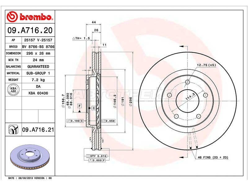 Диск тормозной (Спереди) Nissan Juke 10-20  / Qashqai 06-13  / X-Trail 07-17  / Dualis 07-10  / Renault Koleos 08-16 (BREMBO: 09.A716.20)