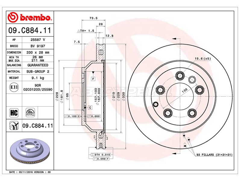 Диск тормозной (Сзади) Audi Q7 05-15  / Volkswagen Touareg 02-18 (BREMBO: 09.C884.11)