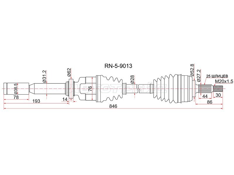 Привод в сборе FR RH RENAULT FLUENCE 10- 1.6 AКПП (SAT: RN-5-9013)