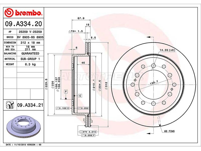 Диск тормозной (Сзади) Toyota Land Cruiser Prado (J120,J150) 02-20  / Lexus GX 09-19  / Toyota 4Runner 09-  / FJ Cruiser 05-18  / Fortuner 15- (BREMBO: 09.A334.21)