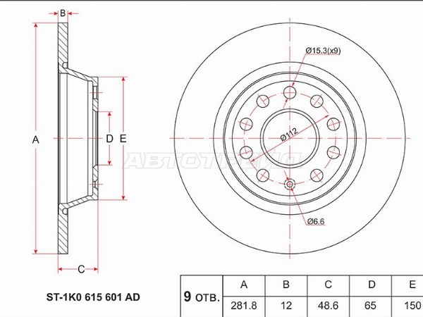 Диск тормозной (Зад) Audi A3 03-13  / Q3 11-19  / Skoda Octavia 04-13  / Volkswagen Golf 03-17  / Jetta 05-10  / Passat 05-15  / Tiguan 06-17  / Audi S3 08-12  / SEAT Alhambra 10-15  / Altea 04-15  / Leon 05-12  / Skoda Superb 08-15  / Yeti 09-18  / Volkswagen Golf Pl (SAT: ST-1K0615601AD)