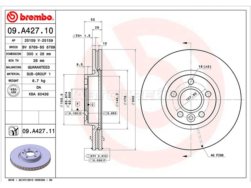 Диск тормозной (Спереди) Ford Focus 10-15  / Mondeo 07-15  / Galaxy 06-15  / S-MAX 10-15 (BREMBO: 09.A427.11)