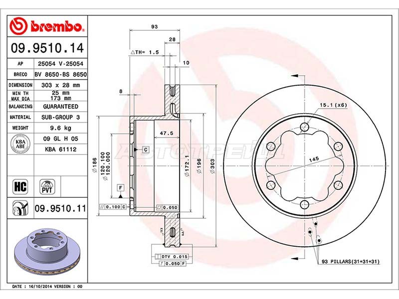 Диск тормозной (Сзади) Mercedes-Benz Sprinter 06-18  / Volkswagen Crafter 06-16 (BREMBO: 09.9510.14)