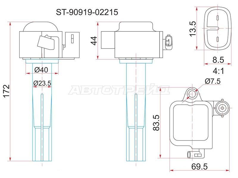 Катушка зажигания TOYOTA 1MZ-FE /2MZ-FE MCV2# 96-01 /1MZ-FE MCX10 96- (3) (SAT: ST-90919-02215)