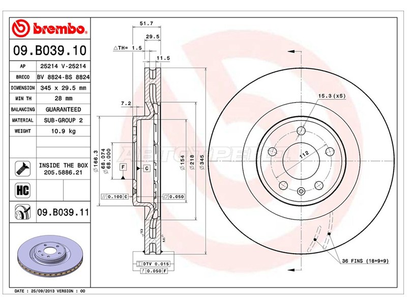 Диск тормозной (Спереди) Audi A4 08-15  / A5 07-16  / A6 10-18  / A7 10-18 (BREMBO: 09.B039.11)