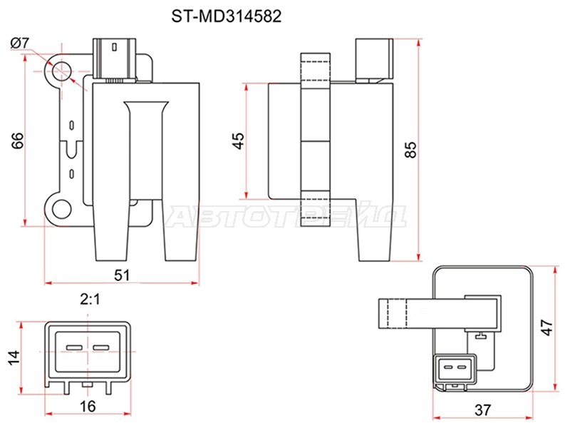 Катушка зажигания MITSUBISHI L200 96-07 /PAJERO /MONTERO SPORT V23 /25 /63 /65 /43 /45 6G72 /74 (SAT: ST-MD314582)