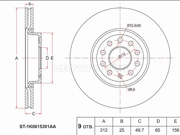 Диск тормозной (Перед) Audi A3 03-19  / Q3 11-  / Skoda Kodiaq 16-22  / Octavia 04-20  / Volkswagen Golf 03-19  / Jetta 05-  / Passat 80-  / Tiguan 06-  / Audi A1 10-18  / Q2 16-  / S3 08-12  / TT 14-19  / SEAT Alhambra 10-15  / Altea 04-15  / Leon 05-15  / Skoda Superb (SAT: ST-1K0615301AA)