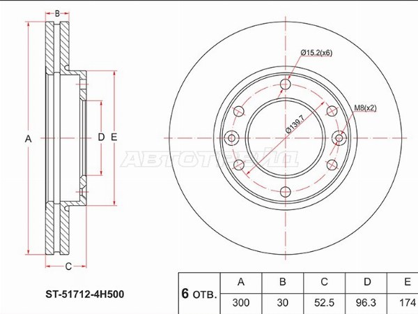 Диск тормозной (Перед) Hyundai Grand Starex 07-17  / H1 07-18  / Starex 07-13 (SAT: ST-51712-4H500)