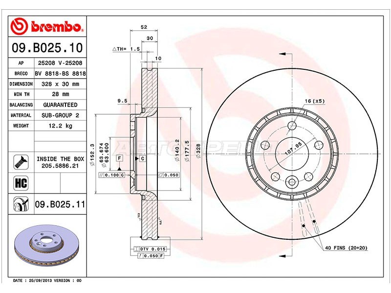 Диск тормозной (Спереди) Volvo XC60 08-17 (BREMBO: 09.B025.11)