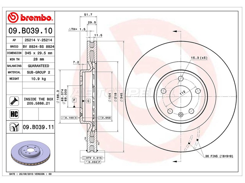 Диск тормозной (Спереди) Audi A4 08-15  / A5 07-16  / A6 10-18  / A7 10-18 (BREMBO: 09.B039.10)