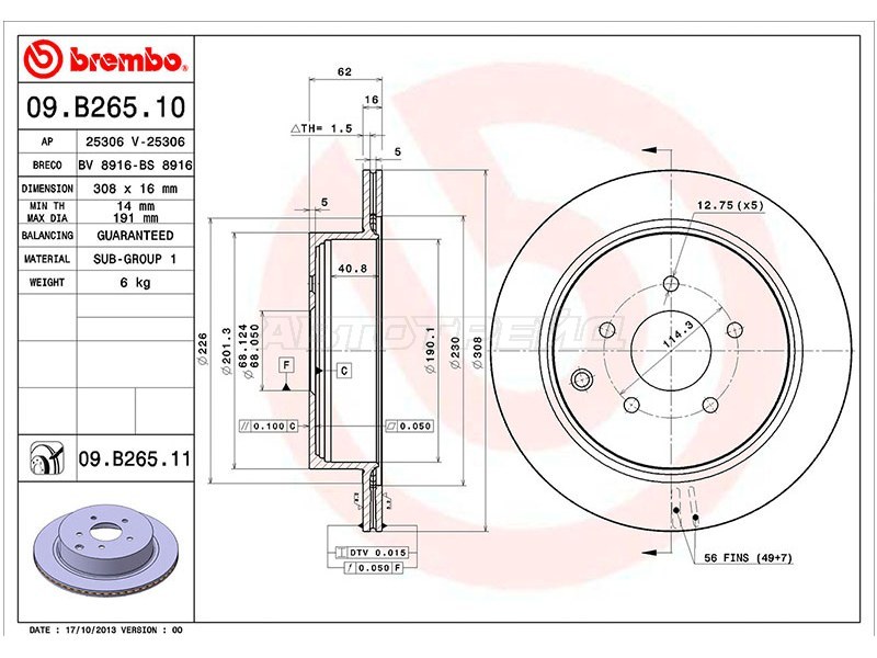 Диск тормозной (Сзади) Infiniti FX35 02-12  / Nissan Murano 02-16  / Infiniti EX35 07-13  / FX30d 10-13  / FX37 08-13  / FX45 02-09  / Nissan Elgrand 02-  / Fuga 09-  / Presage 03-09  / Quest 10- (BREMBO: 09.B265.10)