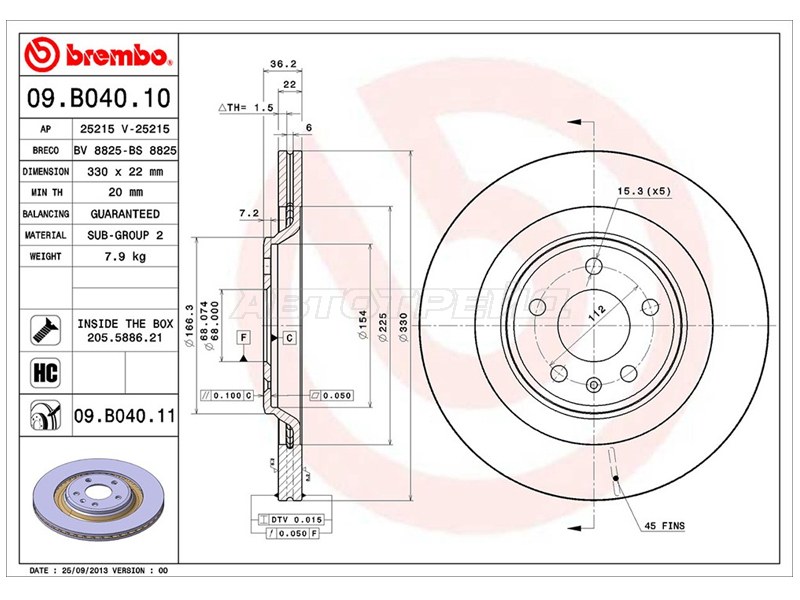 Диск тормозной (Сзади) Audi A4 08-  / A5 07-  / A6 10-18  / A7 10-18  / Volkswagen Touareg 18-  / Audi A4 allroad quattro 09-16  / A6 allroad quattro 12-19  / S4 08-16  / S5 07- (BREMBO: 09.B040.10)