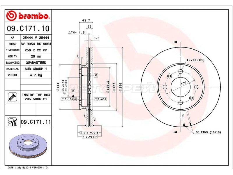 Диск тормозной (Спереди) Hyundai Solaris 10-20  / Kia Rio 11-  / Hyundai Accent 11-17 (BREMBO: 09.C171.11)