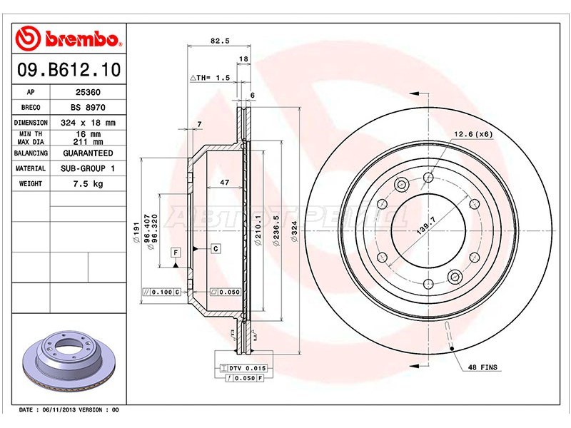 Диск тормозной (Сзади) Hyundai Grand Starex 07-17  / H1 07-18  / Starex 07-13 (BREMBO: 09.B612.10)